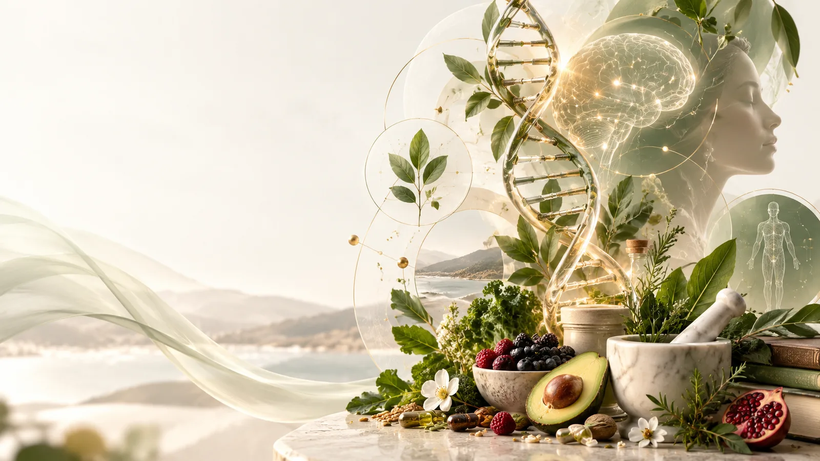 Composição conceitual de saúde integrativa unindo mente, DNA, alimentação, biologia e natureza